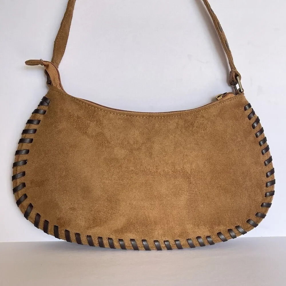 Women Sewn Edges Handbag Suede leather Brown Embroidery